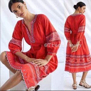 ANTHROPOLOGIE Embroidered Spliced Neck Puff Sleeved Midi Dress Scarlet Red M NWT